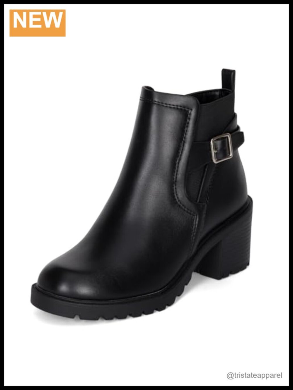 Womens Lug Sole Ankle Boots with Buckle Strap & Block Heel - Synthetic